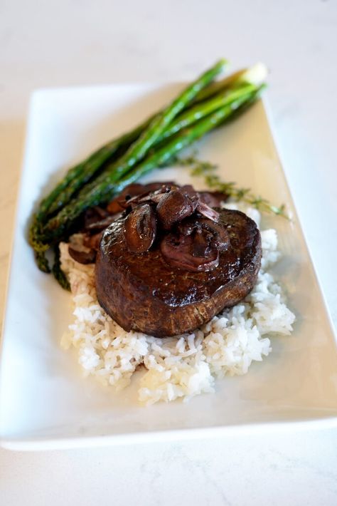 Tenderloin Filet With Red Wine Mushroom Sauce - Beef Recipes - LGCM Red Wine Mushroom Sauce, Expensive Steak, Steak Sauce Recipes, Mushroom Sauce Recipe, Beef Fillet, Processed Meat, Mushroom Sauce, Beef Tenderloin, Grilled Asparagus