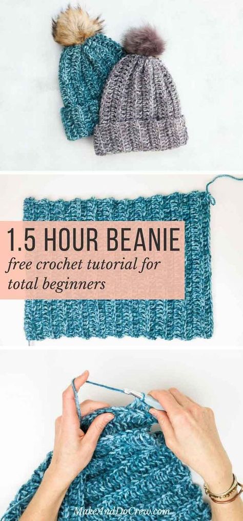 While it looks knit, this free crochet hat pattern for beginners is super easy. If you can crochet a rectangle, you can make this unisex beanie pattern! via @makeanddocrew Pola Kupluk, Free Crochet Hat Pattern, Pola Topi, Confection Au Crochet, Crochet Hat Free, Bonnet Crochet, Crochet Hats Free Pattern, Beginner Crochet Projects, Crochet Simple