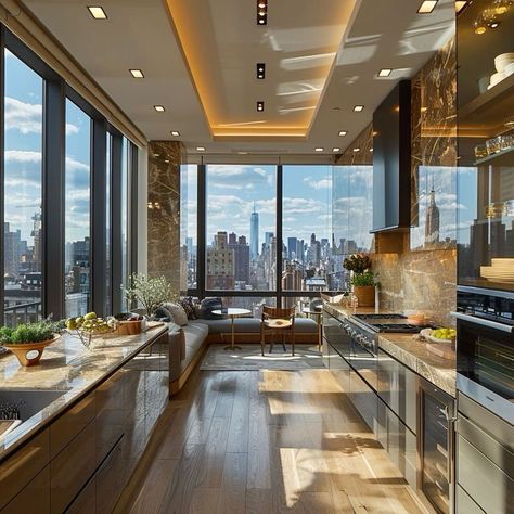 Nyc Penthouse Kitchen, Old Money Interior Design, Old Money Interior, Penthouse Aesthetic, Penthouse Kitchen, Modern Apartment Interior, New York Penthouse, Air Design, Welcoming Home