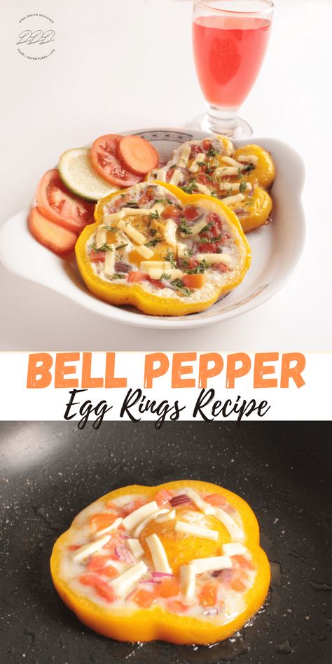 Bell Pepper Egg Rings Recipe | DINE DREAM DISCOVER Eggs In Bell Pepper Rings, Bell Pepper Egg Recipes, Bell Pepper Stuffed With Eggs, Bell Pepper Eggs, Fresh Egg Recipes, Bell Pepper Breakfast Recipes, Fresh Bell Pepper Recipes, Egg Stuffed Bell Peppers, Orange Bell Pepper Recipes