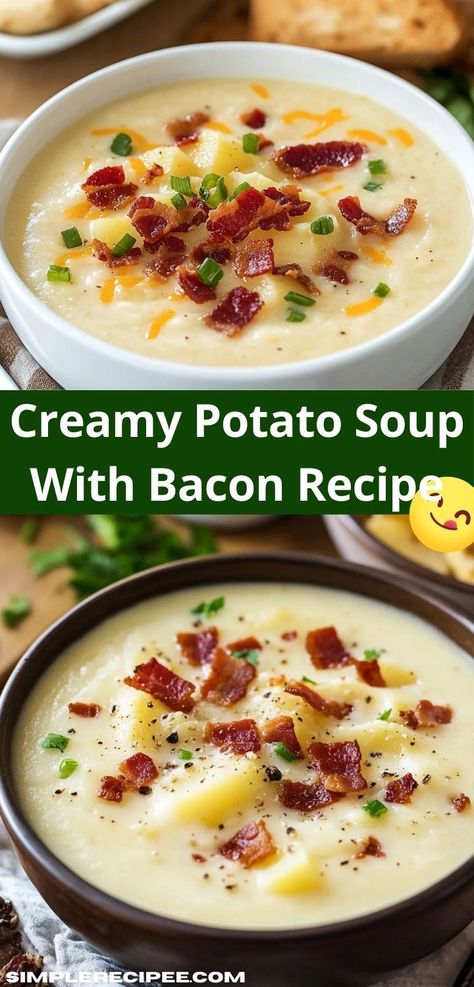 Craving a comforting bowl of soup? This Creamy Potato Soup With Bacon recipe is a flavor-packed delight. It's an easy soup recipe that your whole family will love, perfect for cozy dinners. Creamy Potato Soup With Bacon, Creamy Potato Bacon Soup, Potato Soup With Bacon, Creamy Potato Soup Recipe, Bacon Soup Recipes, Soup With Bacon, Potato Bacon Soup, Potato Soup Easy, Loaded Potato Soup