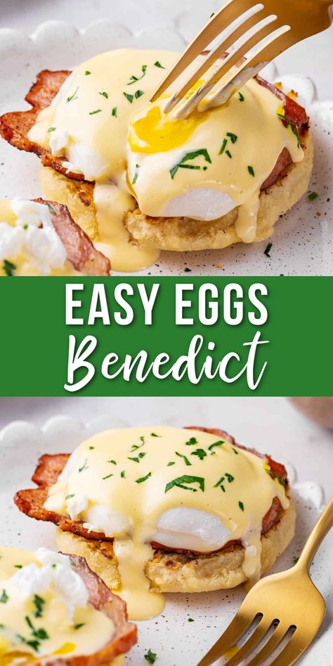 Eggs Benedict layers toasted English muffins with savory Canadian bacon, poached eggs, and rich Hollandaise sauce. It’s a popular breakfast option at restaurants, but easy to make at home, too! Easy Eggs Benedict Recipe, Canadian Bacon Breakfast, Egg Mcmuffin Recipe, Sauce For Eggs, Hollandaise Recipe, Easy Eggs Benedict, Benedict Recipe, Eggs Benedict Recipe, Brunch Spread