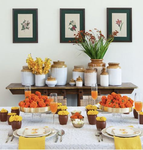 Onam Table Decor, Diwali Dining Table Decor, Marigold Table Decor, Diwali Table Setting, Diwali Dinner Table Decor, Indian Dinner Table Decor, Indian Festive Table Decor, Indian Centre Table Decor, Indian Buffet Table Ideas At Home