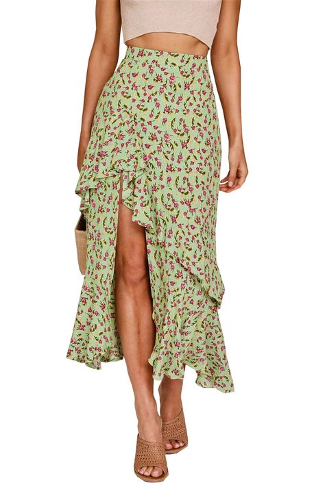 BTFBM Women Boho Floral Print Long Skirt Chic High Low Side Split Ruffle Hem Elastic Waist Swing Maxi Cotton Dress #Sponsored Beach Maxi Skirt, Printed Long Skirt, French Street, Calf Sleeve, Printed Pleated Skirt, Spring Boho, Long Skirts, Floral Print Skirt, Maxi Skirts