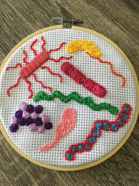 Microbiology Decoration, Plant Cell Embroidery, Biology Pixel Art, Microbiology Embroidery, Bacteria Embroidery, Bacteria Textiles, Lab Coat Embroidery, Science Embroidery, Microbiology Gifts