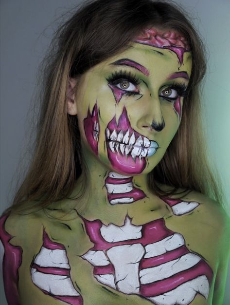 #zombie #halloween #makeup #art #popart #monster #horror #makeupideas #design Comic Zombie Makeup, Pop Art Zombie Costume, Pop Zombie Makeup, Enid Costume, Pop Art Zombie Makeup, Maquillaje Pop Art, Horror Pop Art, Zombie Comic, Zombie Drawing