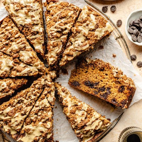 Beautiful espresso yogurt chocolate chip coffee cake infused with rich brown butter and baked with chocolate chips and espresso powder right in the batter. This delicious, easy espresso coffee cake has the perfect brown sugar streusel topping, plus a luscious espresso glaze to tie it all together. The perfect brunch treat or easy dessert for coffee lovers! Espresso Coffee Cake, Chocolate Chip Coffee Cake, Easy Espresso, Espresso Glaze, Yogurt Chocolate, Ambitious Kitchen, Cinnamon Coffee, Perfect Brunch, Espresso Powder