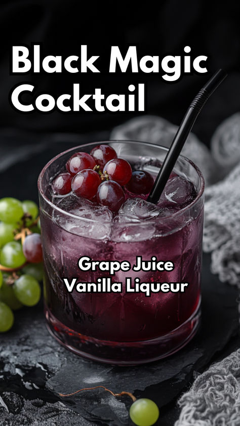 Black Magic Cocktail Viniq Drinks Recipes, Cocktails With Grape Juice, Spring Mixed Drinks, Gothic Cocktails, Spooky Alcoholic Drinks, Halloween Drinks Alcohol Punch, Grape Cocktail, Halloween Cocktails Recipes, Grape Cocktails