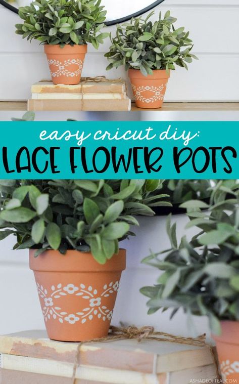 Check out this easy Spring decor update. Turn old Terra Cotta clay pots into these cute Lace Pots. Cricut Flower Pot Projects, Cricut Terra Cotta Pot, Vinyl On Terra Cotta Pots, Cricut Flower Pots, Cricut Plant Projects, Cricut Planter Ideas, Cricut Flower Pot, Easy Spring Decor, Lace Flowers Diy