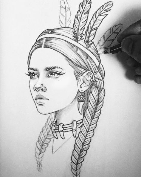 Drawing Fantasy Art Sketches Easy, Hyperrealistic Drawing, Easy Pencil Drawings, Indian Drawing, Native American Drawing, Pencil Drawing Images, Native American Tattoos, Kunst Tattoos, Girl Drawing Sketches