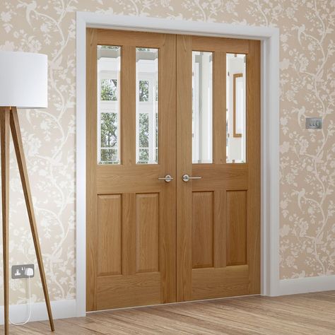 Simpli Double Door Set, Malton Oak Door - No Raised Mouldings - Bevelled Clear Glass - Prefinished.  #simplidoubledoor #simplioakdoorsetkit #simplidoubleoakdoorset Entryway Colors, Double Door Entryway, Internal Double Doors, Oak French Doors, Kitchen Entry, Internal Oak Doors, Solid Oak Doors, Internal French Doors, Internal Glass Doors