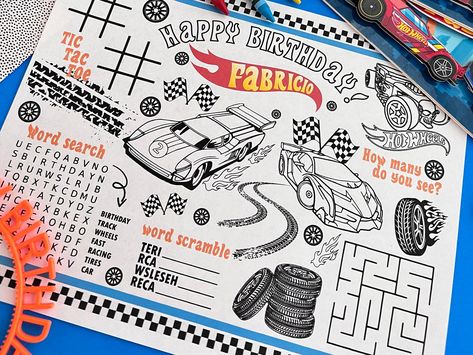 Activity sheets ✨ Let your kiddos friends get creative with our personalized activity sheets! These are perfect for kiddos! They are fun and keep them entertained! Add them to your party packages and let your guests enjoy the fun activities on them! #hotwheelsfavors #hotwheelsparty #hotwheelsdecor #hotwheelsprintable Hot Wheels Favors, Hot Wheels Decorations, Hot Wheels Birthday Party, Happy Birthday Hot, Hotwheels Birthday Party, Lincoln Birthday, Hot Wheels Party, Hot Wheels Birthday, Space Theme Party