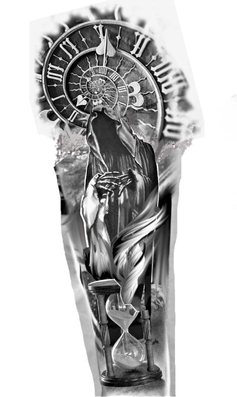 Time Piece Tattoo Design, Reaper With Hourglass Tattoo, Black And Grey Hourglass Tattoo, Time Piece Tattoo For Men, Dark Angel Tattoo Men, Sand Clock Tattoo Design, Heaven Tattoo Ideas, Calf Sleeve Tattoo Men, Sea Tattoo Sleeve