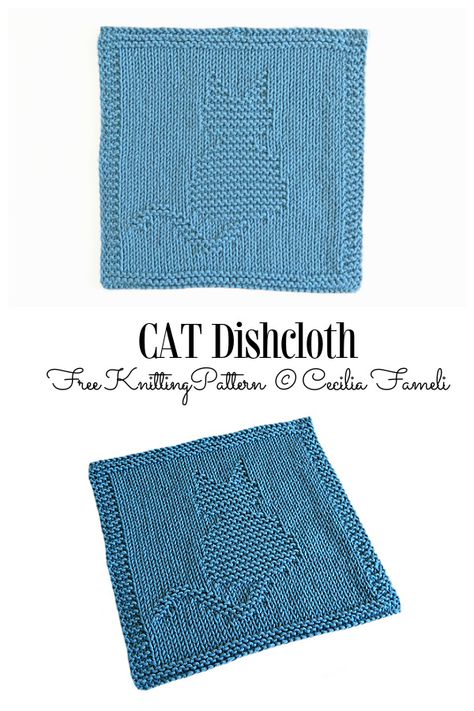 Cat Dishcloth Knitting Pattern, Knitting Dishcloth Patterns Free, Knitting Squares Pattern Free, Knit Cat Pattern, Knitted Cat Pattern, Baby Bibs Patterns Free, Knit Squares, Baby Knitting Patterns Free Newborn, Knit Stitches For Beginners