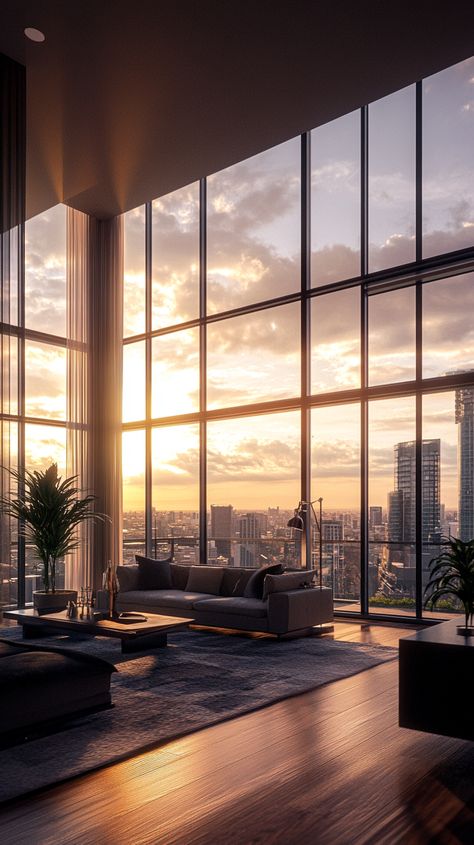 Contemporary city apartment with stunning skyline views from floor-to-ceiling windows High Rise Apartment City View, Tall Windows Living Room High Ceilings, City From Window, Apartment Skyline, Floor To Ceiling Windows Apartment, Luxury Penthouse Living Room, Apartment High Rise, Highrise Apartment, Chicago Penthouse