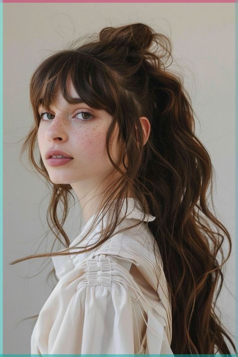 Long Hair Reference Photo, Long Shag With Curtain Bangs Thick Hair, Fringe Ideas For Long Hair, Long Wavy Hair With Bangs Round Face, Long Hair And Fringe, Fluffy Bangs Long Hair, Long Hair Bangs Hairstyles, Shaggy Bangs Long Hair, Wavy Hair Fringe