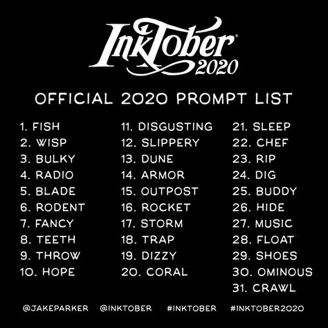 Inktober Prompt List 2020 | Alexander Schnapper Drawing Ideas List, Creative Drawing Prompts, Drawing Prompt, Inspiring Art, Art Prompts, Creative Drawing, Art Club, Drawing Challenge, Art Challenge