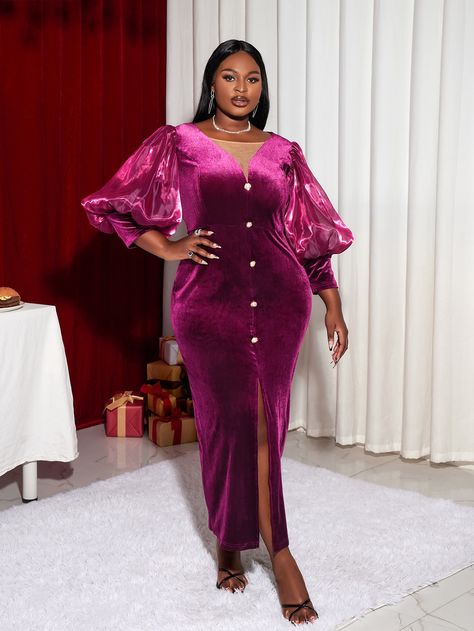 Red Violet Party Collar Long Sleeve Fabric Plain Bodycon Embellished Medium Stretch  Plus Size Dresses Long Dress Plus Size, Sleeves Women, Black Shawl, Red Violet, Women's Evening Dresses, Evening Dresses Elegant, Lantern Sleeve, Sleeves (women), Black Wedding