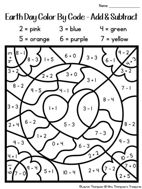 Free Earth Day Color By Code Activities - Mrs. Thompson's Treasures image and visual related images 1st Grade Earth Day Activities, Earth Day Grade 1, Earth Day 1st Grade, Color By Subtraction, Earth Day Math Activities, Earth Day Color By Number, Earth Day Crafts For Kids, Color By Code Addition, Earth Day Math