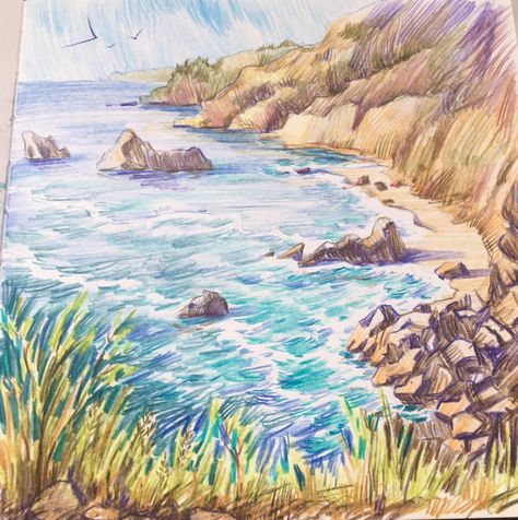 Color Pencil Ocean, Nature Colored Pencil Drawing, Colored Pencil Drawing Landscape, Color Pencil Sketches Landscape, Color Pencil Art Landscape, Color Pencil Landscape, Landscape Colored Pencil, Colored Pencil Landscape, Colour Pencil Art Landscapes