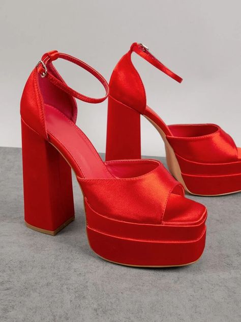 Open Toe Ankle Strap Platform Block High Heels | SHEIN USA Platform Heels Aesthetic, Heels Shein, Red Platform Heels, Chunky Pumps, Strappy Platform Heels, Matric Dance, Shein Shoes, Heels Aesthetic, Red Platform