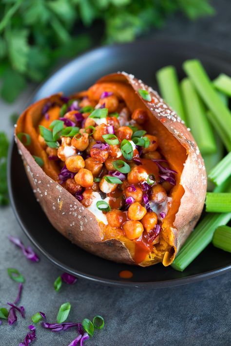 Buffalo Chickpea Sweet Potatoes Garbanzo Bean Sweet Potato Recipes, Buffalo Sweet Potato, Meatfree Monday, Africa Tattoo, Buffalo Chickpea, Potato Stuffed, Stuffed Sweet Potatoes, Homemade Buffalo Sauce, Vegetarian Meal Plan