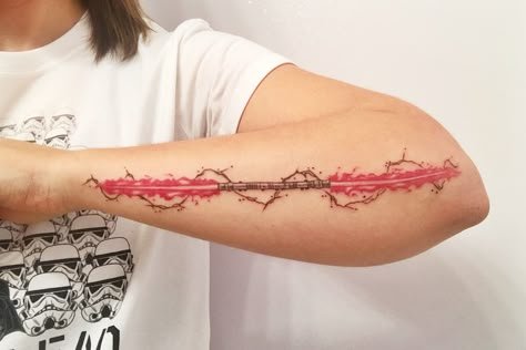 Darth Maul lightsaber tattoo Darth Maul Saber Tattoo, Darth Maul Tattoo Design, Darth Maul Lightsaber Tattoo, Lightsaber Tattoos, Maul Tattoo, Darth Maul Tattoo, Lightsaber Tattoo, Darth Maul Lightsaber, Honda Cb300r