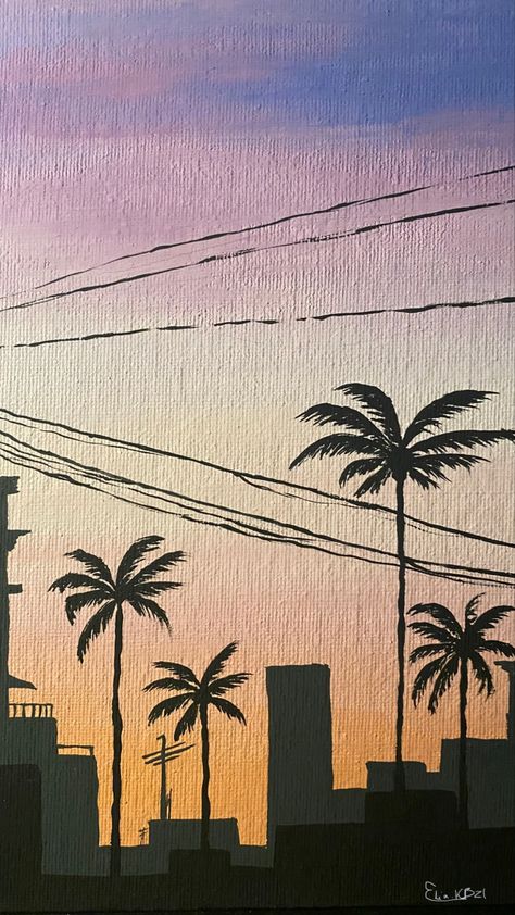 Spain Painting Easy, Palm Tree Silhouette Painting, Mexico Painting Easy, Acrylic Painting Palm Trees, Painting Ideas Summer Vibes, Painting Ideas On Canvas Aesthetic Easy Summer, California Painting Ideas, Beach Simple Drawing, Palm Tree Painting Easy