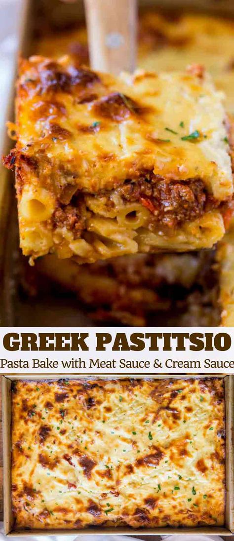 Greek Pastitsio Bake with penne pasta, seasoned ground beef and a rich béchamel sauce baked in the oven until crispy. | Crispy Pasta, Greek Pastitsio, Béchamel Sauce, Greek Pastries, Seasoned Ground Beef, Greek Pasta, Baked Dinner, Salad Pasta, Greek Cooking