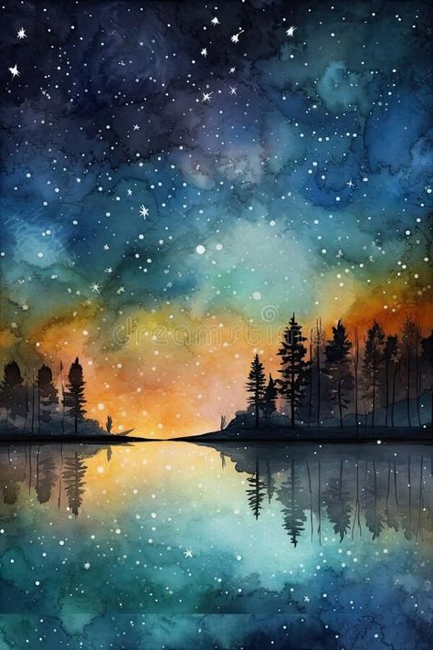 The starry sky is reflected in the lake watercolor Romantic watercolor landscape of amazing night stock images Day And Night Watercolor Painting, Watercolor Art Moon Night Skies, Water Colour Night Sky, Watercolor Night Painting, Watercolour Starry Night, Night Sky Landscape Painting, Masculine Watercolor Paintings, Lake At Night Painting, Nighttime Landscape Painting