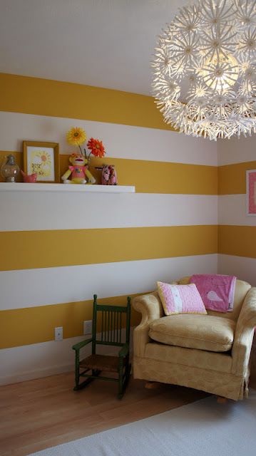 Yellow Striped Wall, Ceiling Lamp Ideas, Kids Room Paint Ideas, Striped Walls Bedroom, Wall Paint Colour Combination, Ikea Light, Circu Magical Furniture, Stripe Wall, Magical Furniture