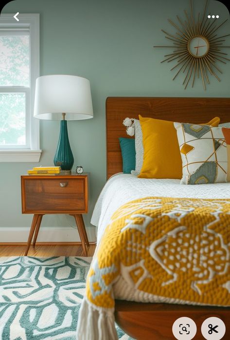 Mustard Bedroom, Woman Bedroom Ideas, Grown Woman Bedroom Ideas, Mid Century Modern Bedroom Design, Teal And Mustard, Bedroom Teal, Boho Decor Ideas, Sunburst Clock, Iron Bed Frame