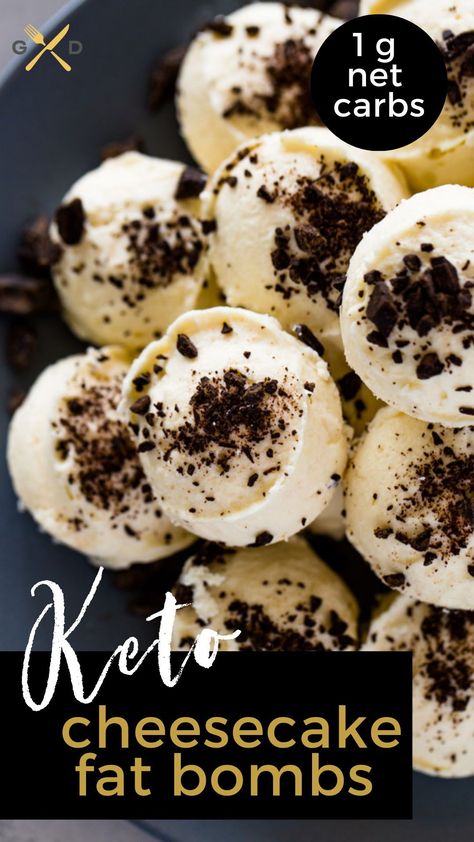 Creamy Cheesecake fat bombs are bites of heaven and a keto dieter’s dream with just 1 g net carbs!! Top with chocolate or coconut and enjoy these low-carb fat bombs to satisfy your sweet tooth without sacrificing flavor. Save this recipe for later from gimmedelicious.com Keto Cookie Dough Fat Boms Cream Cheese, Keto Chocolate Cheesecake Bites, Coconut Oil Fat Bomb Snacks Keto, Cheesecake Fat Balls Keto, Keto Fat Bomb Snacks, Keto Fat Bomb Dessert, Fat Bomb Snacks Keto, Fat Bomb Snacks, Keto Cheesecake Bites