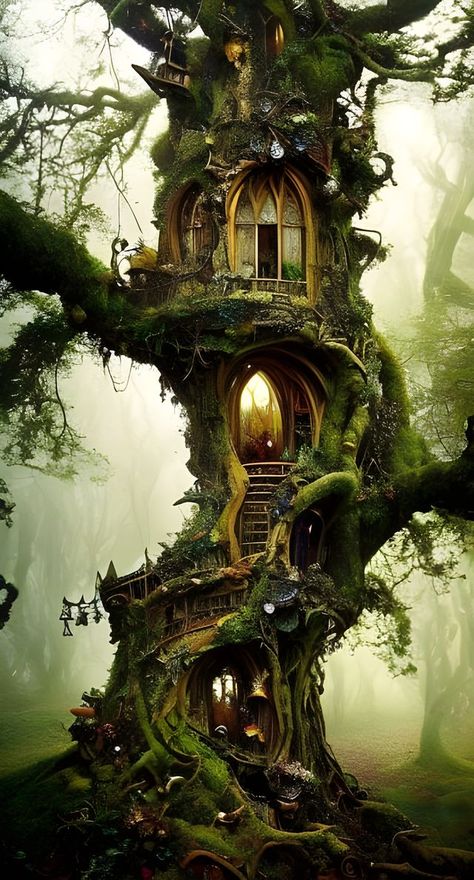 A tree we call home by RexRegis @RexRegis the winner of Daily Challenge #128 Trees - AI generated artwork made with NightCafe Creator via @NightcafeStudio #NCDailyChallenge #aiart #nightcafe #digitalart Enchanted Tree House, Kitchen Interior Ideas, The Hunting Party, Fairytale Houses, Tree Town, Beautiful Tree Houses, Magical House, Cool Tree Houses, Fantasy Forest