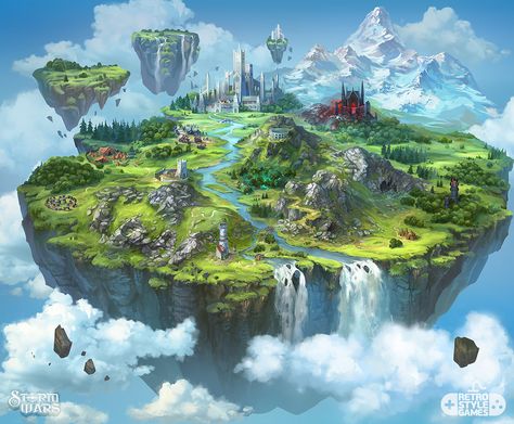 Storm Wars - Flying Island Map Illustration, Elena Konstantinova on ArtStation at https://www.artstation.com/artwork/odeEB Fantasy World Map, Fantasy Land, Floating City, Desain Lanskap, Fantasy Island, Island Map, Castle In The Sky, Fotografi Alam Semula Jadi, Fantasy City