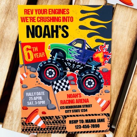 Monster Jam Invitations, Monster Truck Invitations, Game Truck Party, Monster Jam Birthday, Monster Jam Party, Party Monster, Birthday 4, Monster Truck Party, Monster Trucks Birthday Party