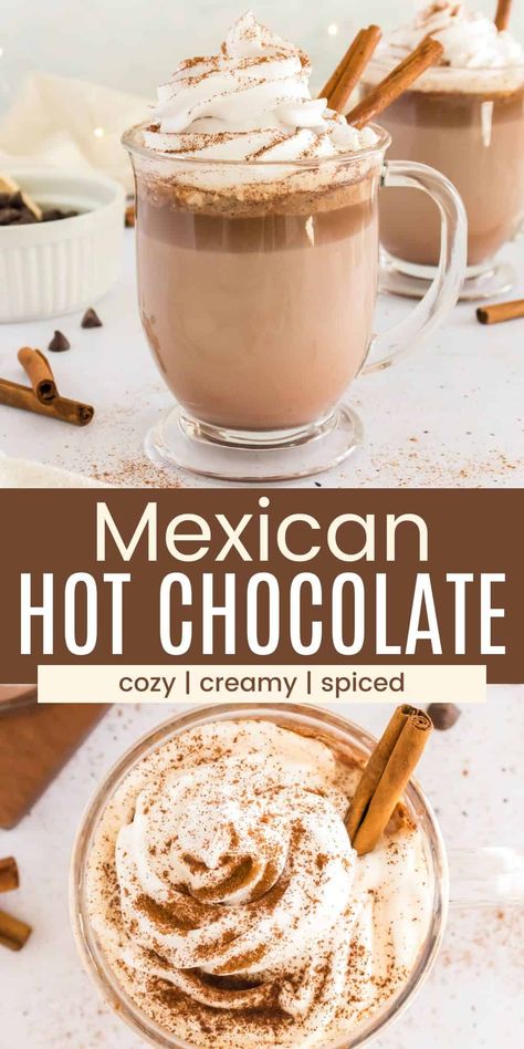 Cozy and warming Mexican Hot Chocolate is lightly spiced with cinnamon and contains a little kick of cayenne pepper for extra heat. This special take on hot chocolate uses real chocolate and whole milk plus lots of fluffy whipped cream to top it off. Hot Cocoa With Cinnamon, Cuban Hot Chocolate, Crockpot Mexican Hot Chocolate Recipe, Tequila Hot Chocolate, Chilli Hot Chocolate, How To Make Mexican Hot Chocolate, Different Hot Chocolate Recipes, Cinnamon Hot Chocolate Recipe, Homemade Mexican Hot Chocolate