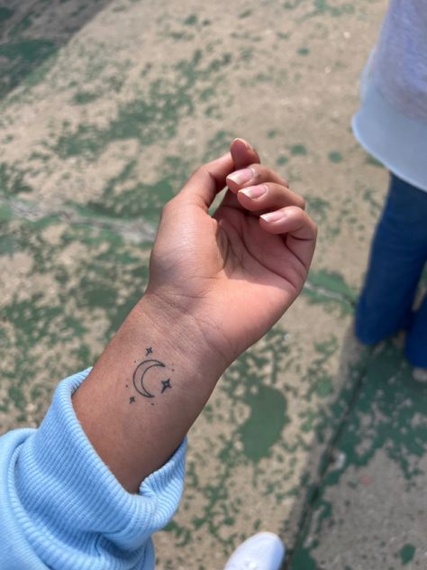 moon small wrist tattoo Moon On Wrist Tattoo, Moon Wrist Tattoo, Moon Tattoo Wrist, Small Wrist Tattoo, Small Wrist Tattoos, Wrist Tattoo, Cross Tattoo, Bratz Doll, Moon Tattoo