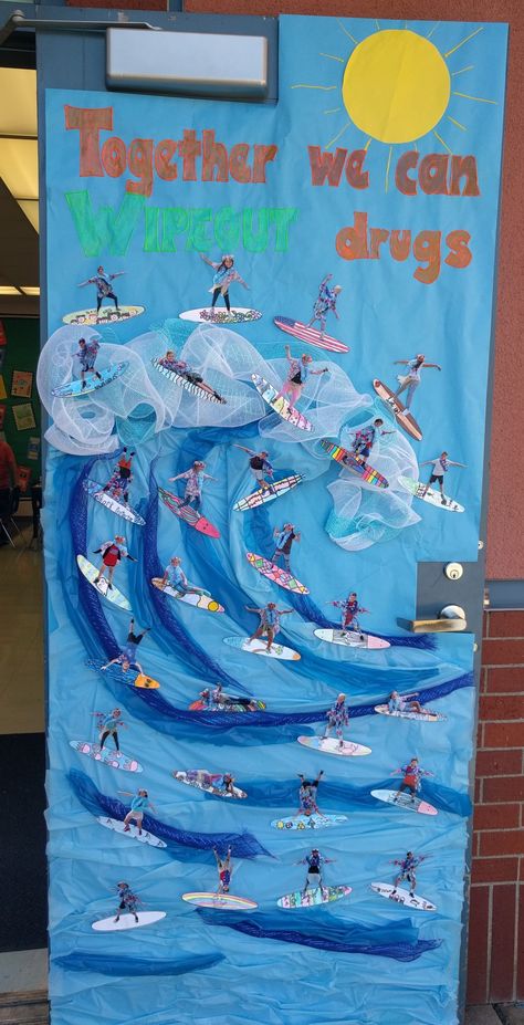 Beach Theme Door Decorations, Beach Classroom Door Ideas, Seniors Bulletin Board Ideas, Surfing Bulletin Board Ideas, Beach Door Decorations Classroom, Beach Theme Classroom Door, Beach Classroom Door, Water Theme Preschool, Teacher Appreciation Door Decorations