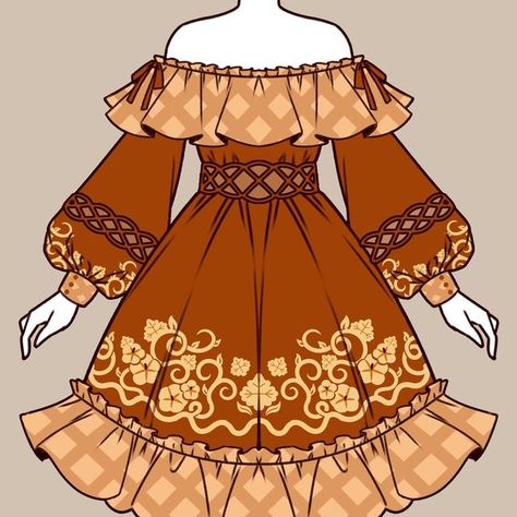 NYAHALLO 🐈‍⬛ on Instagram: "Traditional pumpkin pie dress 🍂🎃🍁🥧 I wanted to design a simple, rustic dress inspired by autumn, and pumpkin pie is an obvious choice!! I actually didn't like this design at first when I doodled it yesterday, however it has grown on me :O It's simple, but so classic and wearable!!! I love the "pie" patterns on the frills, and the addition of guipere lace around the waist area and breaking up the sleeves. If this dress gets made, it would be made of cotton and gui Cute Fall Outfits Drawing, Autumn Clothes Drawing, Autumn Inspired Fantasy Dress, Autumn Character Design, Pumpkin Inspired Outfit, Pie Patterns, Pumpkin Dresses, Anime Lace Dress Drawing, Harvest Dress