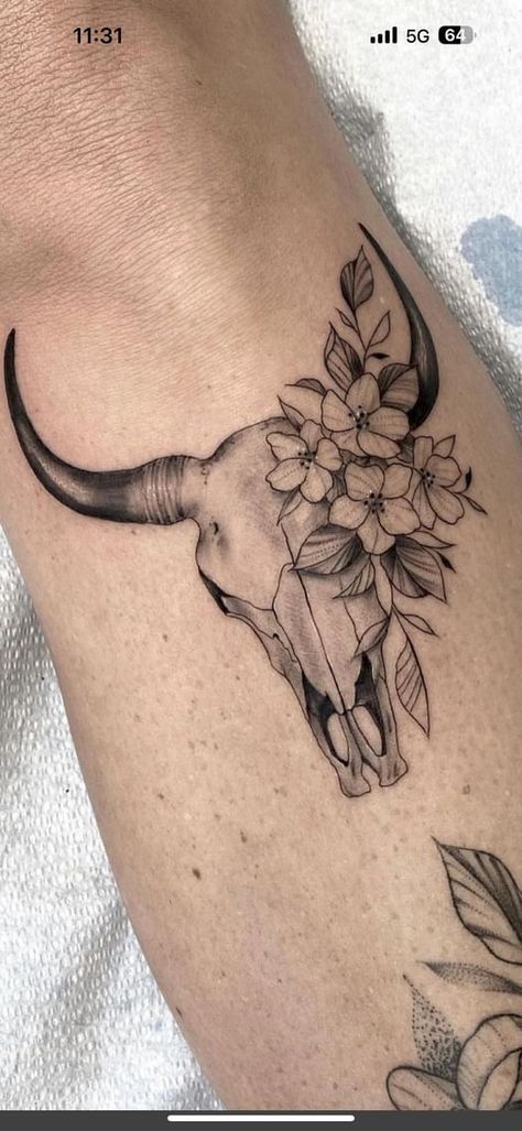 Longhorn Tattoos For Women, Long Horn Tattoo With Flowers, Longhorn Tattoo With Flowers, Bull Skull Tattoo Women, Longhorn Skull Tattoo Forearm, Longhorn Skull Tattoo Women, Bull Skull Tattoo Design, Longhorn Skull Back Tattoo, Buffalo Tattoo Feminine