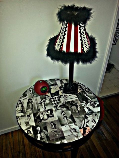 DIY Bettie Page Table Bedroom Dungeon, Rockabilly Home Decor, Rockabilly Decor, Witchy Apartment, Open Bedroom, Improve Your Style, Light Colored Wood, Horror Themes, Bettie Page