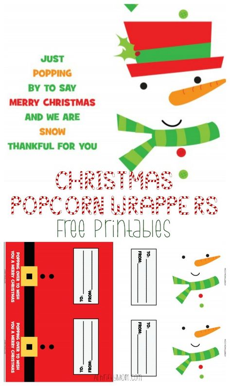 Printable Christmas popcorn wrappers - A Thrifty Mom - Recipes, Crafts, DIY and more Christmas Popcorn Wrappers, Popcorn Christmas Gifts, Popcorn Wrappers, Christmas Wrapper, Small Teacher Gifts, Christmas Popcorn, Free Popcorn, Mom Recipes, Christmas Treat Bags