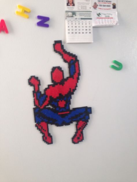 Spider-Man fridge magnet. Perler Spider Man Perler Beads, Perler Projects, Pearl Beads Pattern, Beads Pattern, Iron Beads, Craft Stuff, Fridge Magnet, Perler Beads, Fridge Magnets