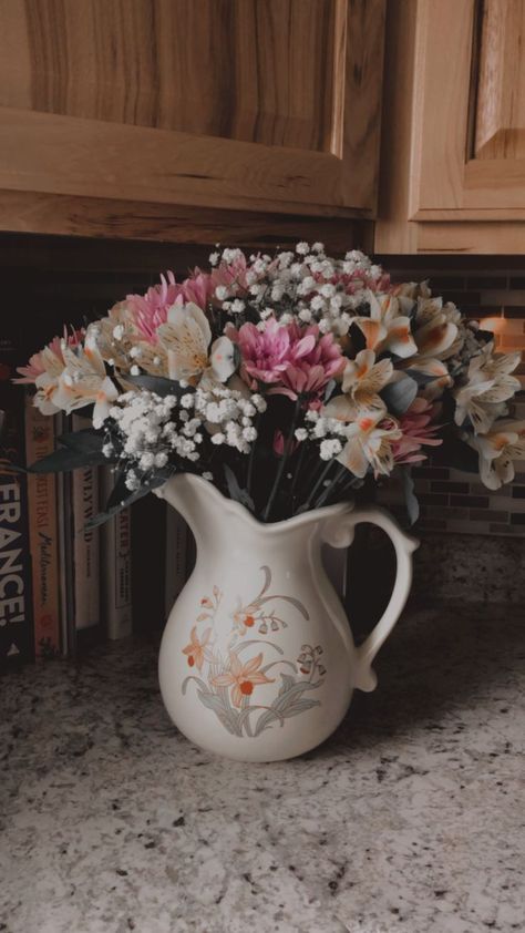 A beautiful flower arrangement in a beautiful pitcher thrifted for 12 bucks. #flowers #vibes Pitcher Vase Flowers, Apartment Deco, Fire Icons, A Beautiful Flower, Beautiful Flower Arrangements, Vintage Vases, Beautiful Flower, Flower Arrangement, Flower Shop