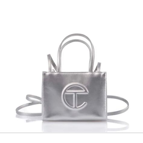 Telfar Bag small Telfar Bags, Telfar Bag, Silver Outfits, Silver Bag, Silver Bags, Bag Silver, Cotton Drawstring Bags, Cute Bags, Small Crossbody Bag