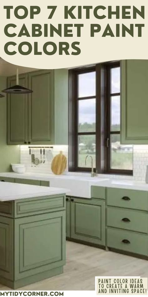 Kitchen with green cabinets and text overlay about trending paint color ideas for kitchen cabinets. Bm Kitchen Cabinet Paint Colors, Kitchen Cabinet Color Ideas Benjamin Moore, Green Paint Color For Cabinets, Best Colors To Paint Kitchen Cabinets, Light Painted Kitchen Cabinets, Lichen Cabinet Colors, Behr Cabinet Colors, Painted Kitchen Ideas, Painted Kitchen Cabinets Colors Boho