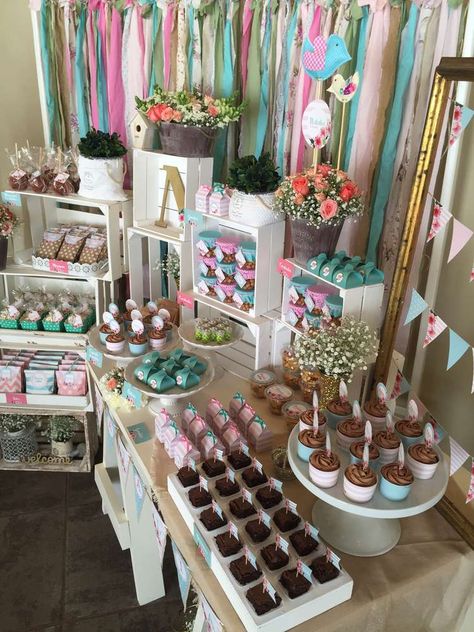 Beautiful Vintage Natalia's Baptism | CatchMyParty.com Baptism Party Ideas, Spring Party Decorations, Baby Shower Candy Bar, Girl Bday Party, Bday Party Theme, Ballerina Party, Snack Table, Baptism Party, Dessert Buffet