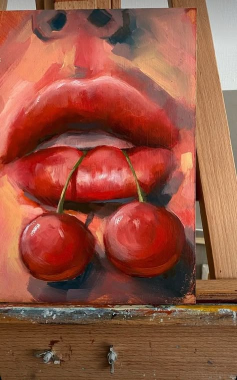 Cherries Painting, Lips Painting, Cherry Lips, Art Painting Gallery, Inspiration Painting, Art Drawings Sketches Creative, Art Inspiration Painting, Painting Inspo, Painting Art Projects