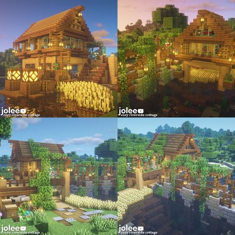 Minecraft Riverside House, Minecraft Riverside, Minecraft Vineyard, Cottagecore Minecraft, Minecraft Shaders, Riverside Cottage, Riverside House, Minecraft Cottage, Minecraft Medieval